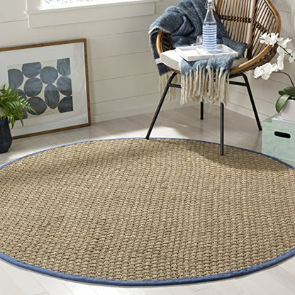 SAFAVIEH Area Rug 4' Round - Natural Fiber Collection - Natural & Navy, Seagrass, Basketweave Pattern with Border (NF114T) - color: Natural/Light Navy, size: 4' (Round)
