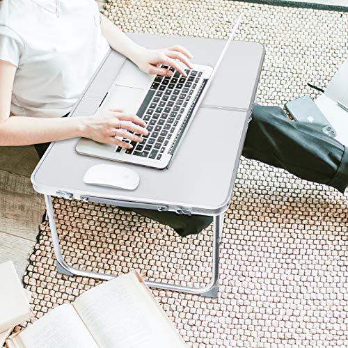 RAINBEAN Foldable Laptop Table for Bed Lightweight Breakfast Bed Tray Portable Mini Picnic Storage Space Standing Holder, Folding Leg Desk Notebook Lap Table for Kids Reading -Silver