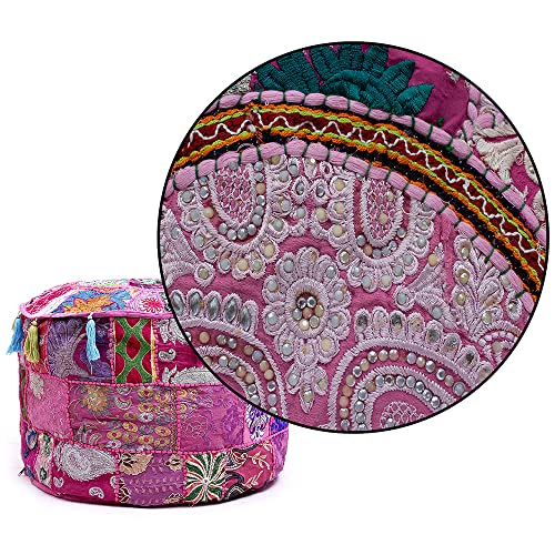 Indian Pouf Footstool Ethnic Embroidered Pouf, Indian Cotton Round Pouffe Ottoman - Cover Only (Pink, 18x13) - color: Pink, size: 13"D x 13"W x 18"H