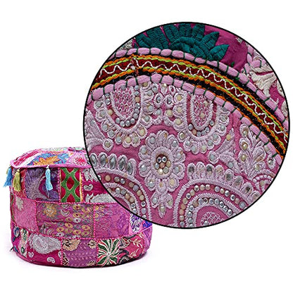 Indian Pouf Footstool Ethnic Embroidered Pouf, Indian Cotton Round Pouffe Ottoman - Cover Only (Pink, 18x13) - color: Pink, size: 13"D x 13"W x 18"H