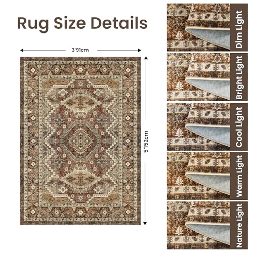 Rugland 3x5 Area Rug Non Slip Rug, Vintage Washable Entryway Rug, Rust | Low Pile & Lighweight, Folable, Stain Resistant Tribal Small Indoor Carpet Rug for Living Room, Kitchen, Entrance, Doormat - color: Tpr07-rust, size: 3' x 5' (Rectangular)