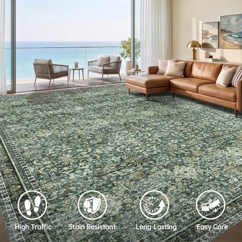 Sasttie 8x10 Area Rugs, Ultra-Soft Washable Rug for Living Room, Dark Green | 8 by 10 Thin Carpet for Apartment & Bedroom, Low-Pile Faux Cashmere, Non-Slip Backing, Skin-Friendly, Stain Resistant - color: Dark Green, size: 8' x 10' (Rectangular)