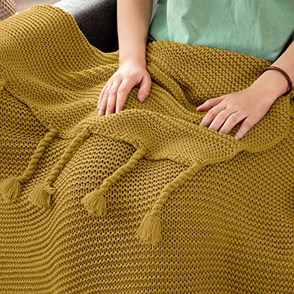 RUDONG M Knitted Throw Blanket with Fringe, Mustard Yellow Knit Throw Blanket for Couch Bed Sofa 50 x 60 Inch - color: Mustard Yellow, size: Throw(50" x 60")