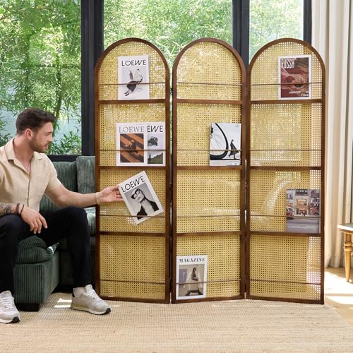 Rattan Room Divider with Bookshelf,Privacy Screen for Home Office & Bedroom,Portable Partition, Wooden Frame - color: Walnut-rattan