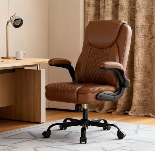 GTPLAYER PU Leather Office Chair, Home Desk Chair with Flip-up Arms, Brown | Ergonomic Back, Comfy Executive Chair for Home Office Gaming, Flexible Rocking, Heavy Duty Chairs - color: Brown