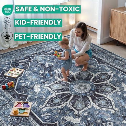 Bloom Rugs Caria Washable Non-Slip 7 ft Runner - Blue/Charcoal Traditional Runner for Entryway, Hallway, Bathroom, and Kitchen - Exact Size: 2'6" x 7' - color: Blue / Charcoal, size: 2'6" x 7' (Runner)