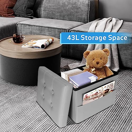 Ottoman with Storage,17 Inch Leather Folding Foot Rest Stool,Grey | Small Ottoman with Side Pockets, Thicker Foam Padded Seat, 17 * 13 * 13 Inch, Livingroom, Dorm, Bedroom, Entryway - color: Grey