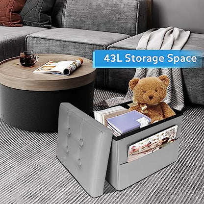 Ottoman with Storage,17 Inch Leather Folding Foot Rest Stool,Grey | Small Ottoman with Side Pockets, Thicker Foam Padded Seat, 17 * 13 * 13 Inch, Livingroom, Dorm, Bedroom, Entryway - color: Grey