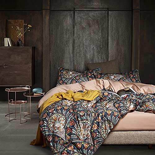 Cupocupa Queen Duvet Cover Set, Modern Industrial Luxury Bedding with Zipper Closure & Corner Ties, Soft Breathable Navy Teal Orange Floral Comforter Cover for Bedroom Guest Room Vintage Paisley - color: Turmeric Boho Floral, size: Queen