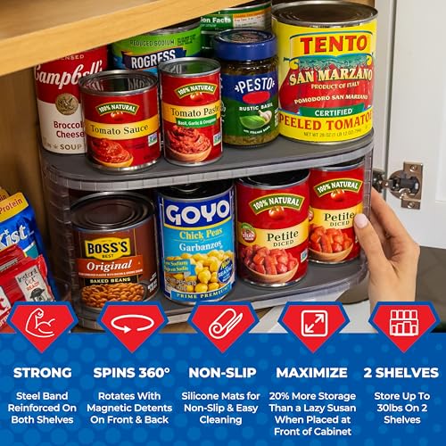 2-Tier Lazy Susan Pantry Organizer – Steel Reinforced Turntable for Kitchen Cabinets & Pantry Storage – Heavy-Duty Can Organizer Holds Up to 30 lbs – Rotates 360° – Includes 2 Bonus Bins | Two Rotating Steel-Reinforced Shelves, Holds 30 lbs, 360-Degree Ro