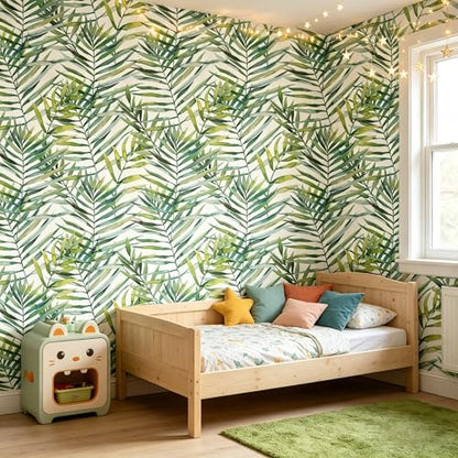 Tropical Watercolor Green Leaf Plants Peel and Stick | self adhesive Wallpaper - 96''x32'' - color: X10, size: 32" x 96"