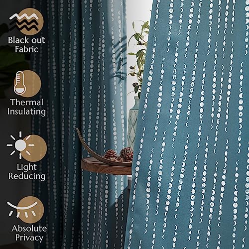 jinchan Boho Blackout Curtains 63 Inch Length Moon Phase Printed Drapes | Blue Farmhouse Curtains for Bedroom Living Room Back Tab Drapes Room Darkening Window Treatments 2 Panels - color: Luna | Blue, size: 52"W x 63"L (Pack of 2)