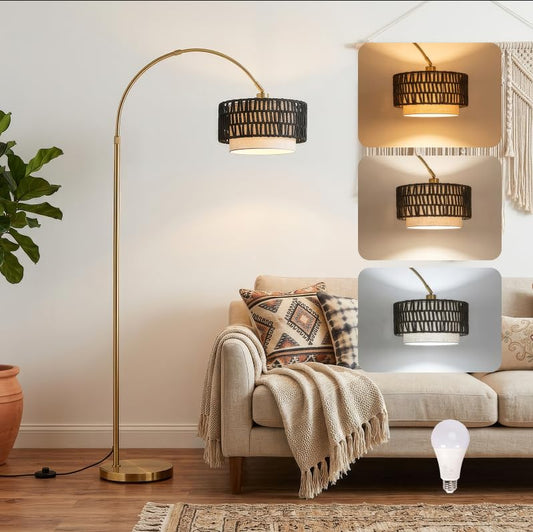Arc Floor Lamp for Living Room with 12W Bulb,61.5"-72.4" Height Adjustable Rattan Floor Lamps with 3 Color Temps, Farmhouse Arched Standing Lamp,Boho Floor Lamp, Arched Floor Lamps for Bedroom, Office - color: Brass