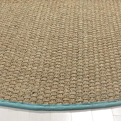 Safavieh Area Rug 4' Round - Natural Fiber Collection - Natural & Teal, Seagrass, Basketweave Pattern with Border (NF114R) - color: Natural/Teal, size: 4' (Round)