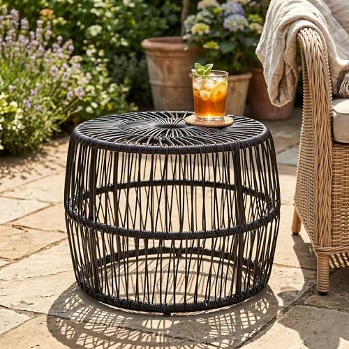 Furniture of America Ysar Boho Rattan Round Coffee Table Outdoor with Metal Frame, All-Weather and Rust Resistant, Handcrafted Coastal Furniture for Patio, Poolside, Garden, Yard, Black - color: Black/18.9 In.
