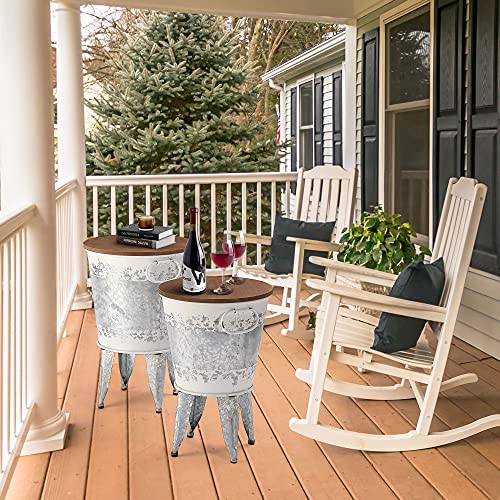 RUSTOWN Farmhouse Side Tables Set of 2, Galvanized Metal Bucket End Table | Storage Metal Bin with Round Wooden Lid, Accent Side Table, Rustic Antique Cocktail Table for Living Room, Bedroom, Outdoor - color: Distressed White