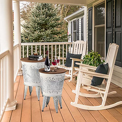 RUSTOWN Farmhouse Side Tables Set of 2, Galvanized Metal Bucket End Table | Storage Metal Bin with Round Wooden Lid, Accent Side Table, Rustic Antique Cocktail Table for Living Room, Bedroom, Outdoor - color: Distressed White