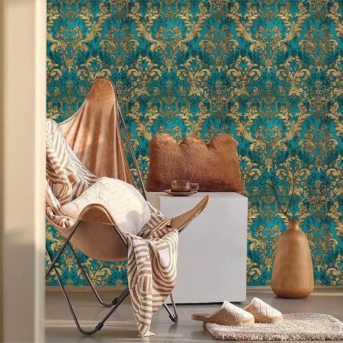 Teal Green Gold Damask Flower Vintage Peel and Stick Wallpaper Contact Paper Vinyl Stick on Wall Paper for Bedroom Bathroom Kitchen Cabinet Renter Friendly - color: Teal Green/Gold, size: 17.7" x 236"