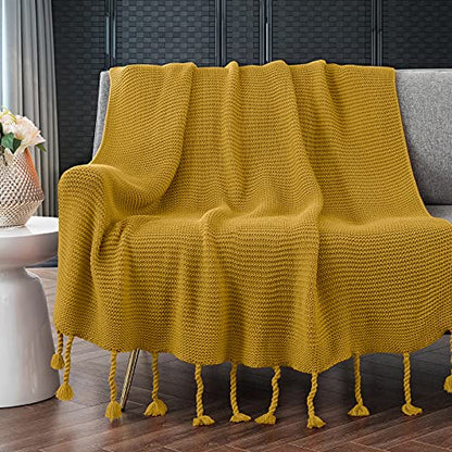 RUDONG M Knitted Throw Blanket with Fringe, Mustard Yellow Knit Throw Blanket for Couch Bed Sofa 60 x 80 Inch - color: Mustard Yellow, size: Twin(60" x 80")