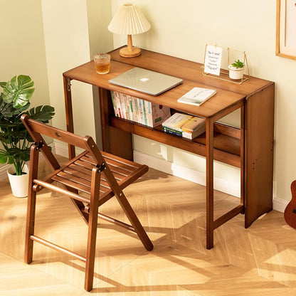 Bamboo Folding Desk, Mid Century Modern Sturdy & Space-Saving Hideaway Desk for Home Office Bedroom Small Spaces, Fold Out Desk with Storage Ergonomic Height Murphy Desk (Walnut) - color: Walnut