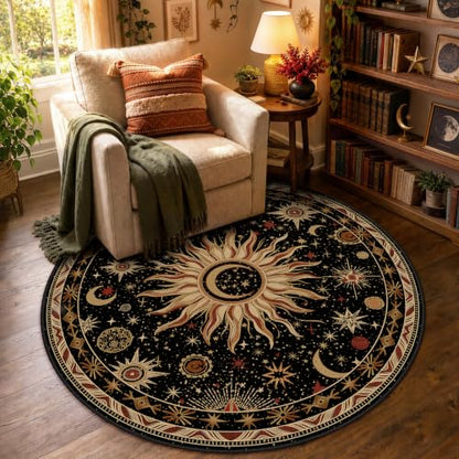 Vacuum-Friendly, Round 4ft Washable Area Rug, Black Gold Beige Red | Sun and Moon Boho Gothic Non-Slip Low Pile Living Roon Bedroom Dining Room Kitchen Entry Entryway Entrance Hallway Doormat - color: Black/Gold/Beige/Red, size: 4' (Round)