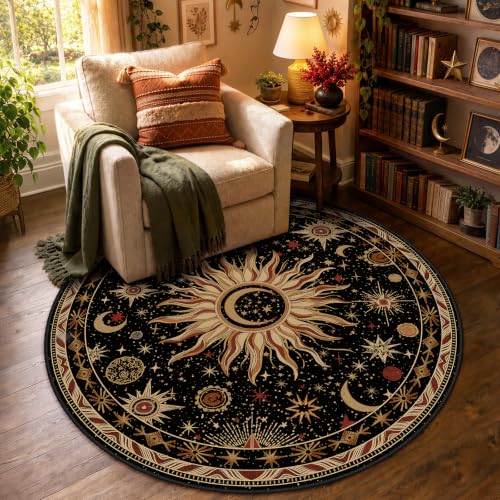 Vacuum-Friendly, Round 4ft Washable Area Rug, Black Gold Beige Red | Sun and Moon Boho Gothic Non-Slip Low Pile Living Roon Bedroom Dining Room Kitchen Entry Entryway Entrance Hallway Doormat - color: Black/Gold/Beige/Red, size: 4' (Round)