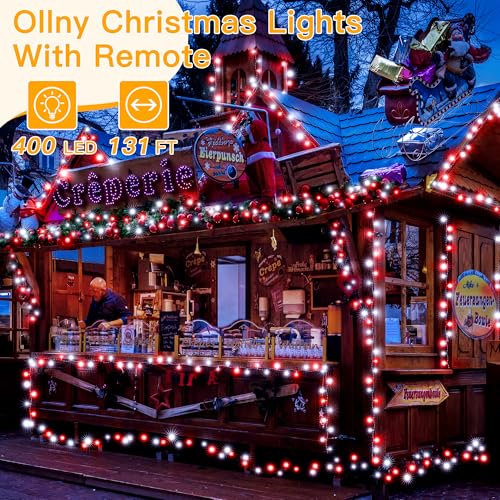 Ollny Red and White Christmas Lights Waterproof, 400LED 131FT String Lights with Remote 3 Timer, Plug in 8 Modes Fairy Light for Xmas Tree Indoor Bedroom House Party Wedding Decorations - color: Red and White, size: 400 LEDs