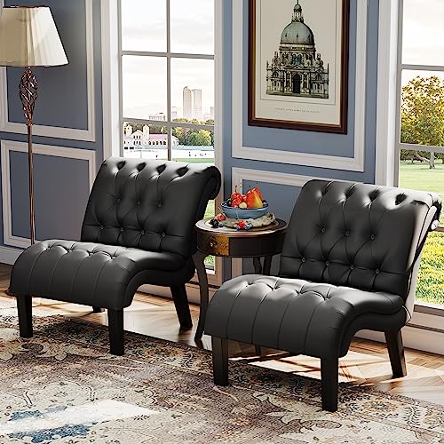 PU Leather Accent Chairs Set of 2 Button Tufted Upholstered Modern Armless Lounge Chair for Bedroom Living Room Side Chairs with Wood Legs Black - color: Black Pu, size: 2 Chairs