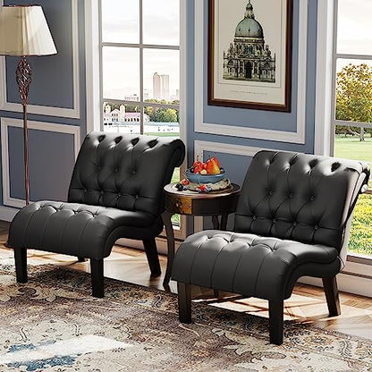 PU Leather Accent Chairs Set of 2 Button Tufted Upholstered Modern Armless Lounge Chair for Bedroom Living Room Side Chairs with Wood Legs Black - color: Black Pu, size: 2 Chairs