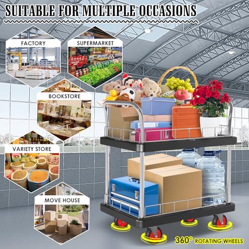 2 Shelf Utility Service Cart- 660lbs Capacity Heavy-Duty Plastic Rolling Utility Carts with 4 of 360° Swivel Wheels and Handle, Large Service Cart for Groceries,Warehouse,Garage 34.6''x 22.8'' - color: 660lbs