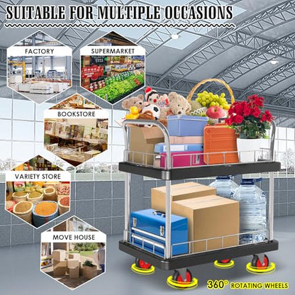 2 Shelf Utility Service Cart- 660lbs Capacity Heavy-Duty Plastic Rolling Utility Carts with 4 of 360° Swivel Wheels and Handle, Large Service Cart for Groceries,Warehouse,Garage 34.6''x 22.8'' - color: 660lbs