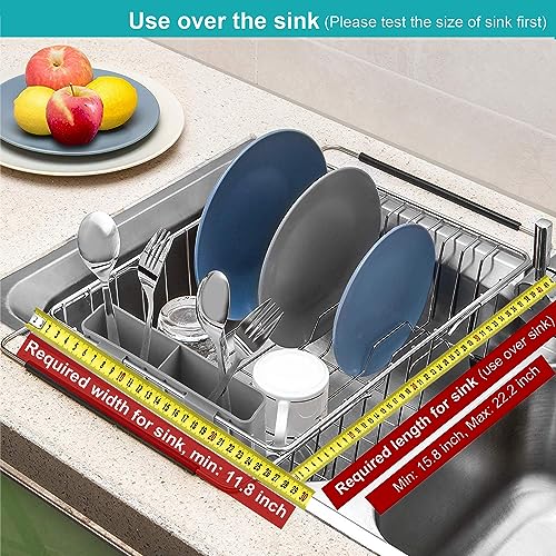 Expandable Multifunctional Dish Drying Rack, Over The Sink, in Sink Or On Counter Dish Drainer Basket Organizer Shelf with Removable Grey Utensil Silverware Holder, Rustproof Stainless Steel - color: Gray