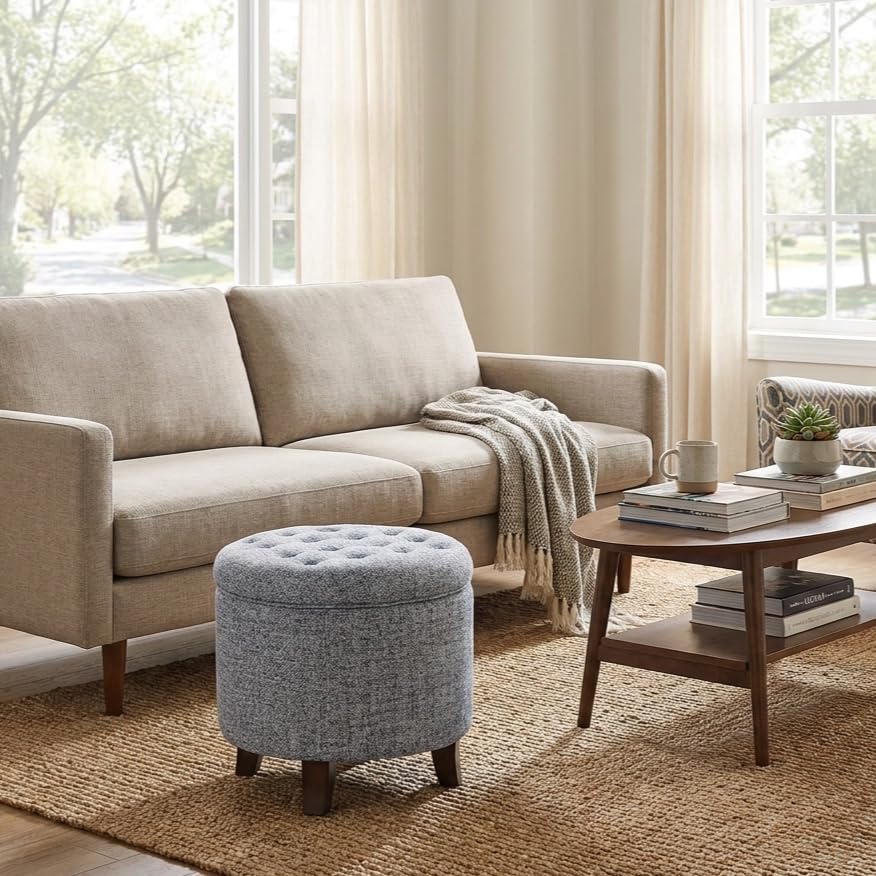 HomePop 19" Button Tufted Round Storage Ottoman - Blue Gray Woven Fabric - color: Blue Gray Woven Fabric