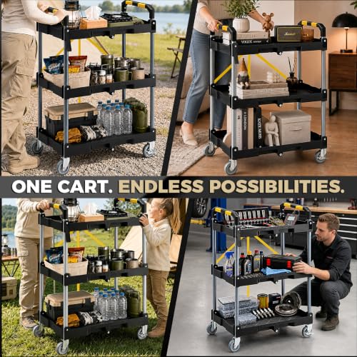 KINGRACK 3 Tier Rolling Folding Utility Cart with Wheel for Garage Workshop | Folding Utility Cart,200LBS Capacity with Fixed Rope,Ergonomic Textured Grip Handle