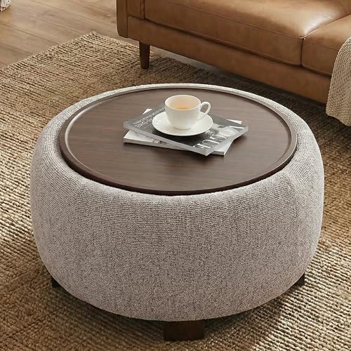 VKNOW 30" Round Storage Ottoman, Ottoman Coffee Table with Removable Wood Top and Solid Wood Legs for Living Room, Bedroom, Apartments(Brown) - color: Brown