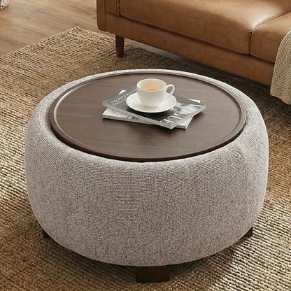 VKNOW 30" Round Storage Ottoman, Ottoman Coffee Table with Removable Wood Top and Solid Wood Legs for Living Room, Bedroom, Apartments(Brown) - color: Brown