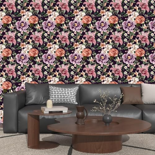 Dark Rose Peel and Stick Wallpaper 17.5" x 118",Purple | Self Adhesive/Removable/Waterproof/Thick Vinyl Contact Paper for Bathroom Bedroom Shelf Cabinet Drawer,Prepasted,Easy Peel - color: Red&Purple, size: 118" x 17.5"