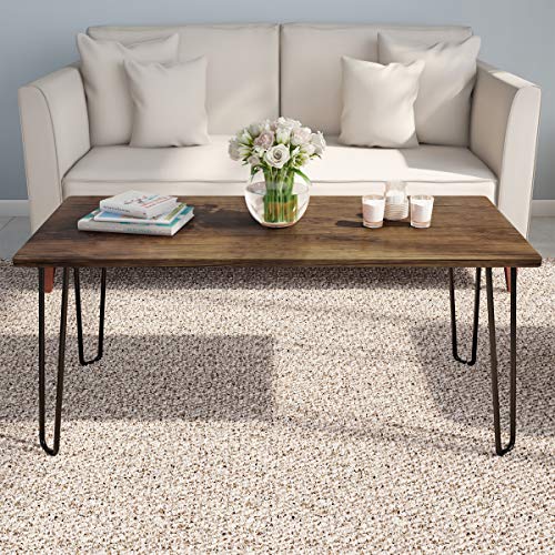 Lavish Home Coffee Table with Hairpin Legs, Brown Woodgrain-Look, 41.25" | Modern Industrial Style Home Decor - Woodgrain-Look and Steel Accent Living Room Furniture - color: Rustic Brown Woodgrain