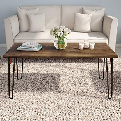 Lavish Home Coffee Table with Hairpin Legs, Brown Woodgrain-Look, 41.25" | Modern Industrial Style Home Decor - Woodgrain-Look and Steel Accent Living Room Furniture - color: Rustic Brown Woodgrain