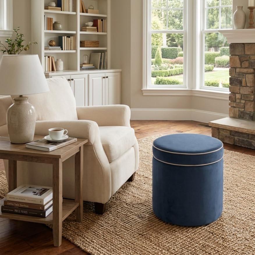 Spatial Order 18" Velvet Storage Ottoman with Lift-Off Lid - Blue Velvet - color: Blue Velvet