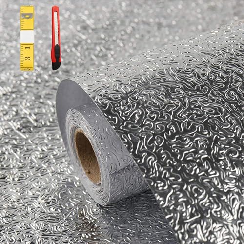 Soqool Kitchen Oil Proof Sticker, Peel and Stick Aluminum Foil Backsplash Wallpaper, Self Adhesive Waterproof Contact Paper for Cabinet, Drawer, Shelf Liner, Countertop Cover, 15.7 x196.8 Inch - color: Silver-texture, size: 15.7"W x 196.8"L