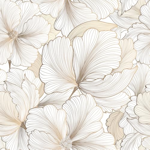 FunStick 17.5"x590" Gold White Floral Peel and Stick Wallpaper Vinyl Floral Wall Art Neutral Wallpaper for Bedroom Living Room Renter Friendly Tan Gold & White Contact Paper Floral Leaves Waterproof - color: Gold Floral, size: 17.5" x 590"