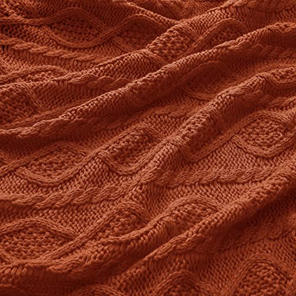 Homiest Rust Cable Knit Throw Blanket Set of 3, with 2 Pillow Covers | Pure Acrylic, Lightweight & Breathable, All-Season Use, Machine Washable, Wrinkle & Fade Resistant, for Couch Bed And Sofa - color: Rust, size: 50 x 60 Inch Blanket & 18 x 18 Inch Pill