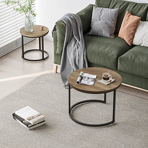 Smuxee Nesting Coffee Table Set of 2, 23.6" Round Coffee Table Wood Grain Top with Adjustable Non-Slip Feet, Industrial End Table Side Tables for Living Room Bedroom Balcony Yard - color: Oak, size: 23.6"W