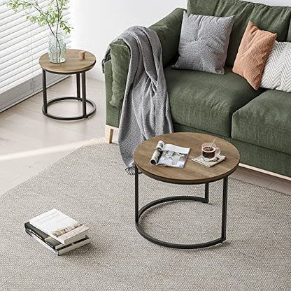 Smuxee Nesting Coffee Table Set of 2, 23.6" Round Coffee Table Wood Grain Top with Adjustable Non-Slip Feet, Industrial End Table Side Tables for Living Room Bedroom Balcony Yard - color: Oak, size: 23.6"W