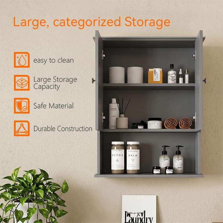 Medicine Cabinet, Over The Toilet Storage Cabinet, 24x30 Inch Wall Mount Bathroom Storage Cabinet with 2 Doors & Adjustable Shelf, Wooden Bathroom Wall Cabinet, Grey - color: Grey