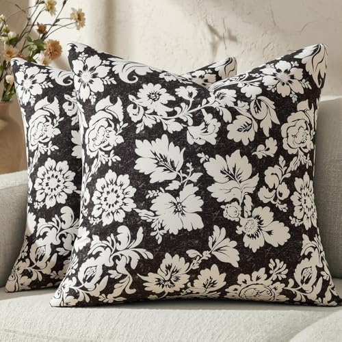 100% Cotton Black 18x18 Floral Decorative Sofa Couch Throw Pillow Covers | Lumbar Pillow,Rectangle,Printed Patterned,Living Room Bedroom Office,Boho Modern Retro Country Farmhouse,Set of 2 Panels - color: Sf-black, size: 18" x 18" (Pack of 2)