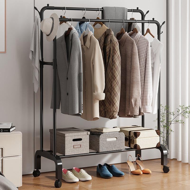 Double-Rod Garment Rack with Wheels, Clothing Rack for Hanging Clothes,4 Hooks, Multi-functional Bedroom Clothes Rack, Black