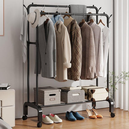 Double-Rod Garment Rack with Wheels, Clothing Rack for Hanging Clothes,4 Hooks, Multi-functional Bedroom Clothes Rack, Black