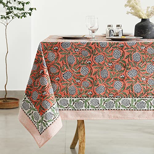 Labhanshi Indian Block Print Pre-Washed Cotton Floral 72x108 Inch Rectangle 8-Seater Table Cloth|Kitchen Dining Table Top Cover|Boho French Country Style Mother's Day Decor|Dark Salmon Pink - color: Dark Salmon Pink, size: 108" x 72" (Rectangular)